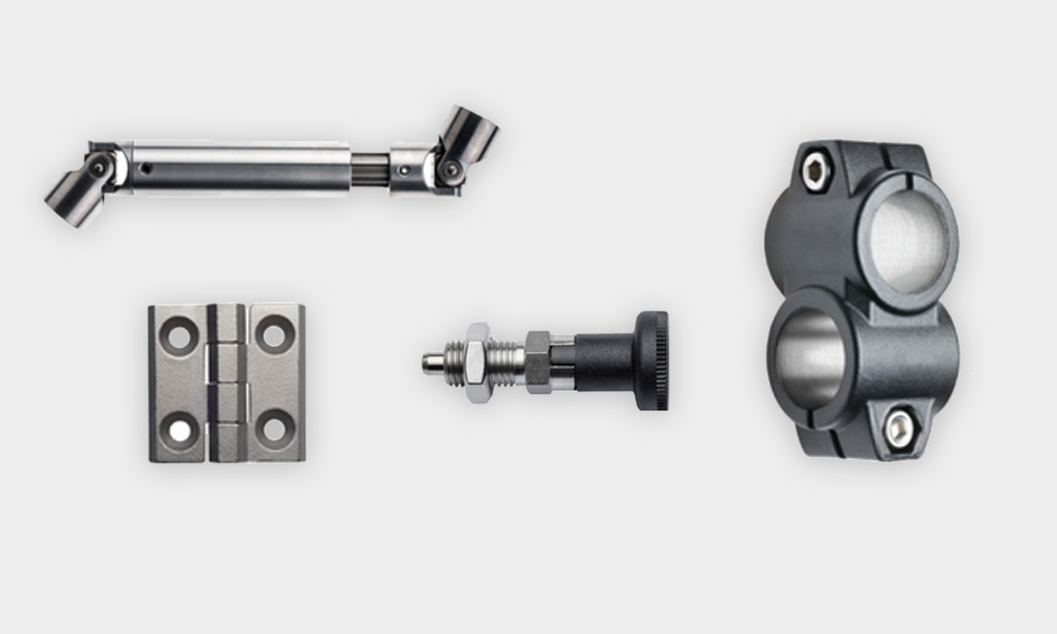 Verschiedene Industrieartikel wie Scharniere, Gelenke und Verbindungselemente für Maschinenbau und Konstruktion.