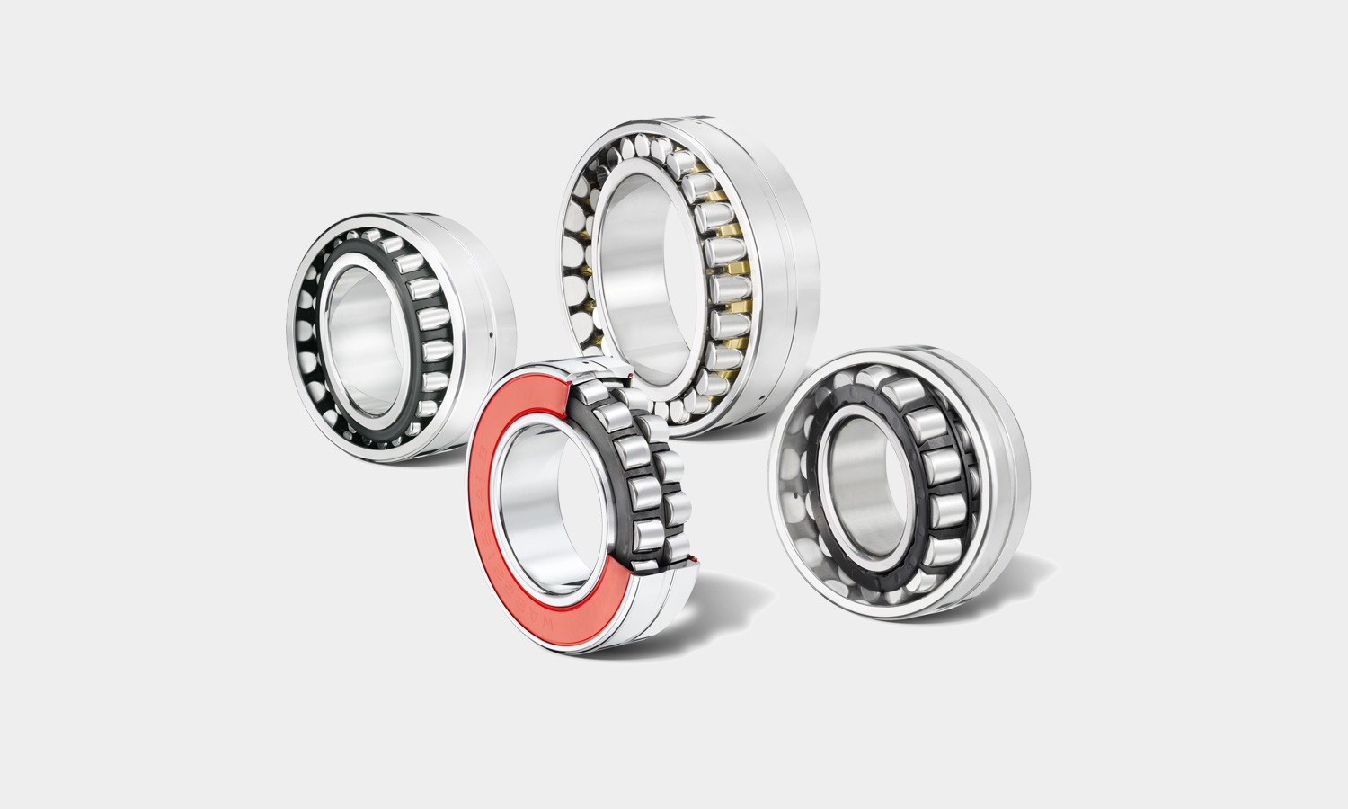 Verschiedene Wälzlager-Typen aus Stahl, darunter Zylinderrollenlager, Pendelrollenlager und ein Lager mit Dichtscheibe.